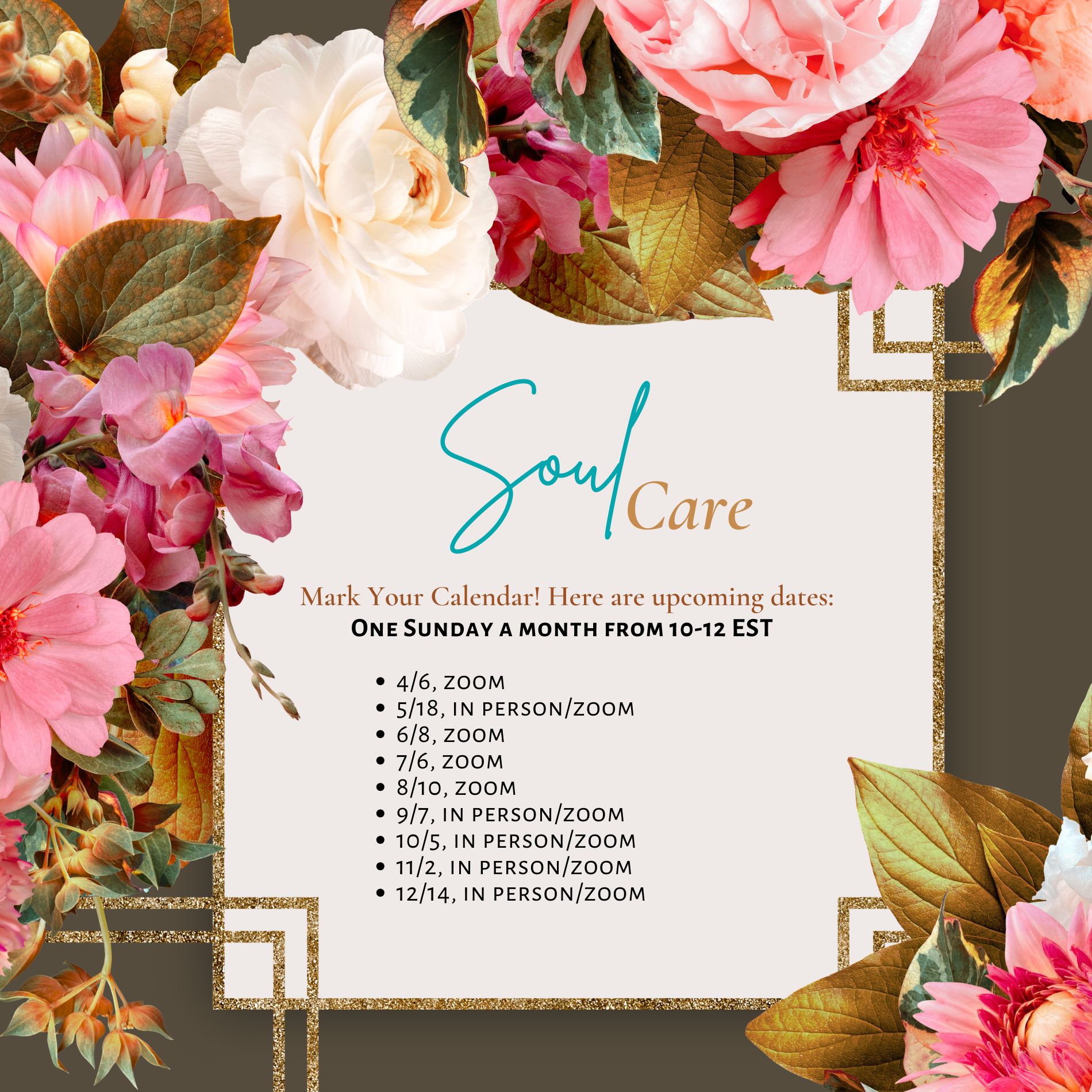 Mark Your Calendars for Our Next Gatherings 29, 1-4 PM EST, Zoom 316, 1-4 PM EST, In personhybrid 46, 1-4 PM EST, Zoom 518, 1-4 PM EST, In personhybrid We'll be sending out the dates for the secon